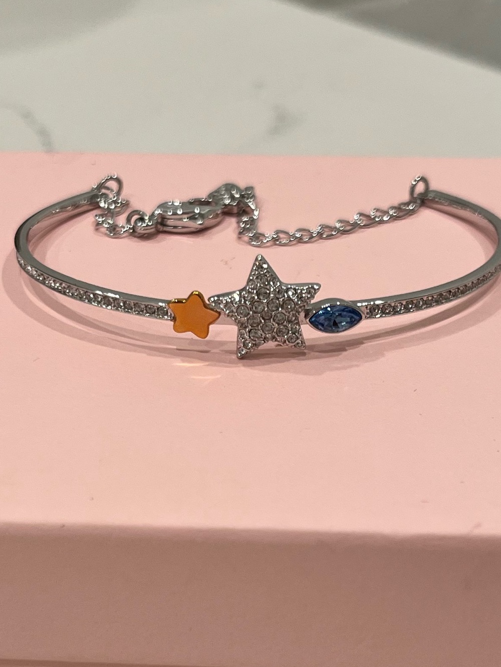 Swarovski Sterling Silver Star & Blue Gem Bangle Bracelet- adjustable
